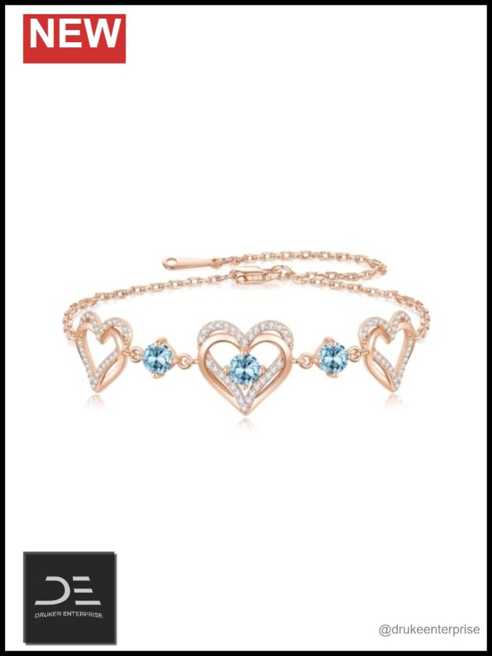 925 Sterling Silver Rose Gold Plated Heart Link Charm Bracelet Adjustable